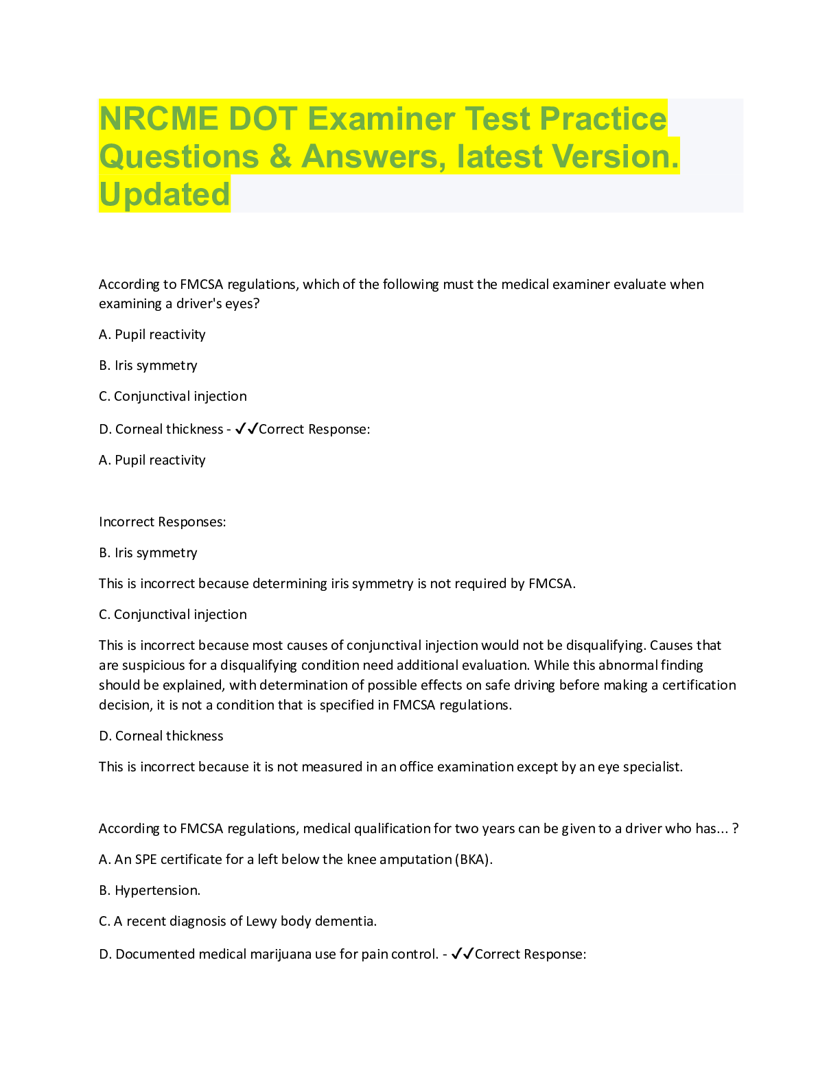 Preview image for NRCME DOT Examiner Test Practice Questions | with 100% Correct Answers